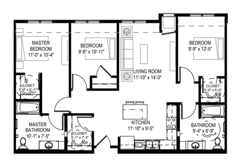 Floor plan for 3 beds, 2 baths, 1315 sqft